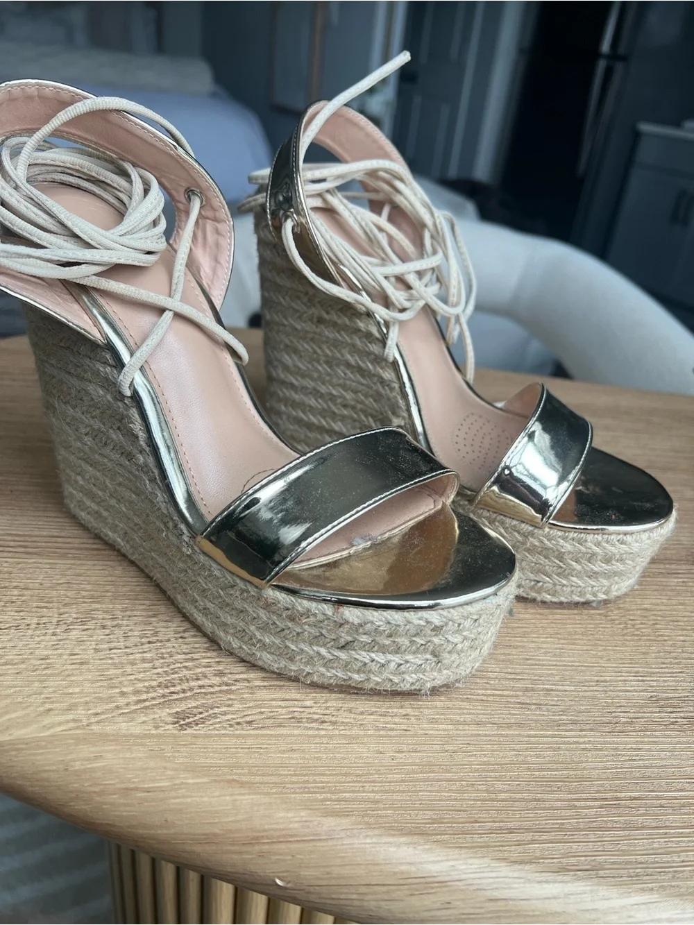 Zara Metallic Gold Espadrille Wedge Sandals with Cream Ankle Tie